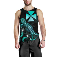 Wallis and Futuna Polynesian Men Tank Top - Turtle With Blooming Hibiscus Tuquoise - Polynesian Pride