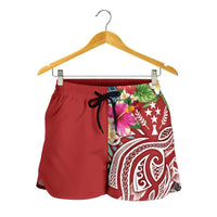 Kosrae Polynesian Women's Shorts - Summer Plumeria (Red) - Polynesian Pride