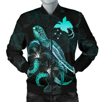 Papua New Guinea Polynesian Men's Bomber Jacket - Turtle With Blooming Hibiscus Turquoise Turquoise - Polynesian Pride