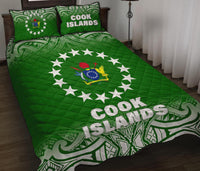 Cook Islands Quilt Bed Set - Cook Islands Flag Coat Of Arms Polynesian Tattoo Green Fog Style - Polynesian Pride