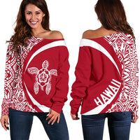 Hawaii Turtle Polynesian Women's Off Shoulder Sweater - Circle Style - AH - Red White - Polynesian Pride