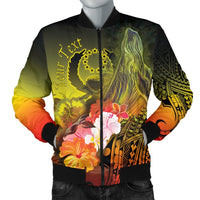 Pohnpei Custom Personalised Men's Bomber Jacket - Humpback Whale with Tropical Flowers (Yellow) Yellow - Polynesian Pride