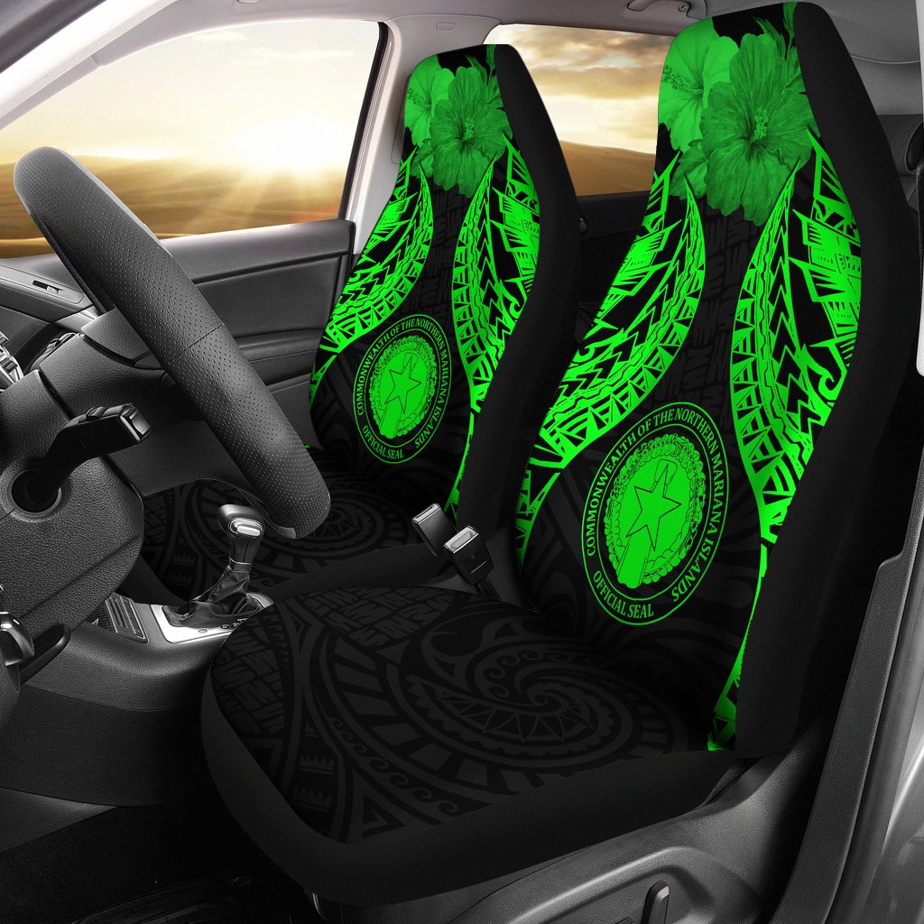 Northern Mariana Islands Polynesian Car Seat Covers Pride Seal And Hibiscus Green Universal Fit Green - Polynesian Pride