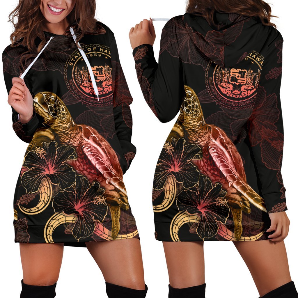 Hawaii Polynesian Hoodie Dress - Turtle With Blooming Hibiscus Gold Gold - Polynesian Pride