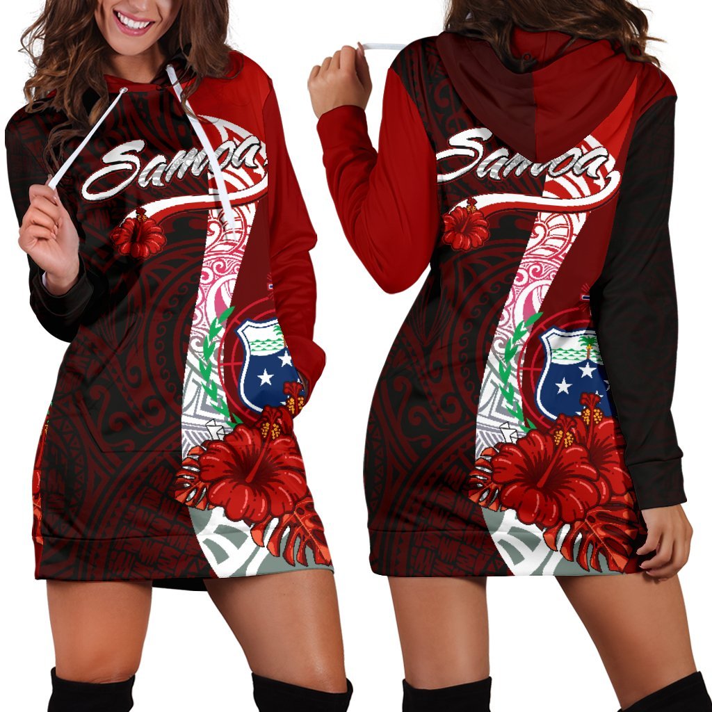 Samoa Polynesian Hoodie Dress - Coat Of Arm With Hibiscus Red - Polynesian Pride