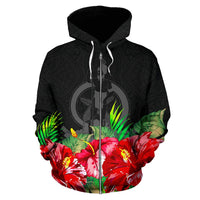 Vanuatu Polynesian Zip Hoodie Black Hibiscus - Polynesian Pride