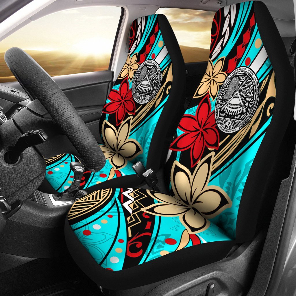 American Samoa Car Seat Covers - Tribal Flower With Special Turtles Blue Color Universal Fit Blue - Polynesian Pride