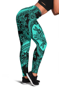 Polynesian Plumeria Mix Turquoise Black Hawaii Women's Leggings AH Turquoise - Polynesian Pride