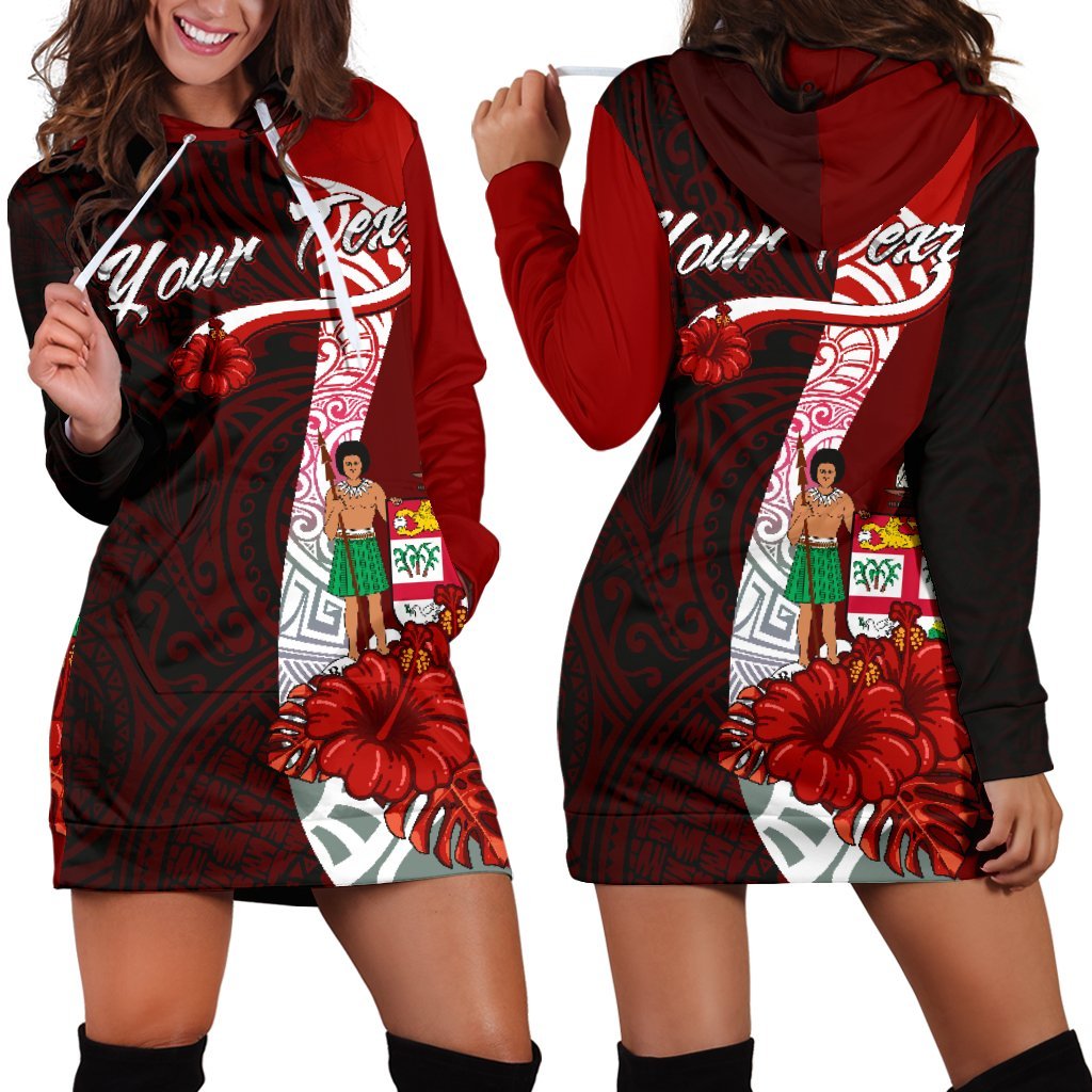 Fiji Polynesian Custom Personalised Hoodie Dress - Coat Of Arm With Hibiscus Red - Polynesian Pride