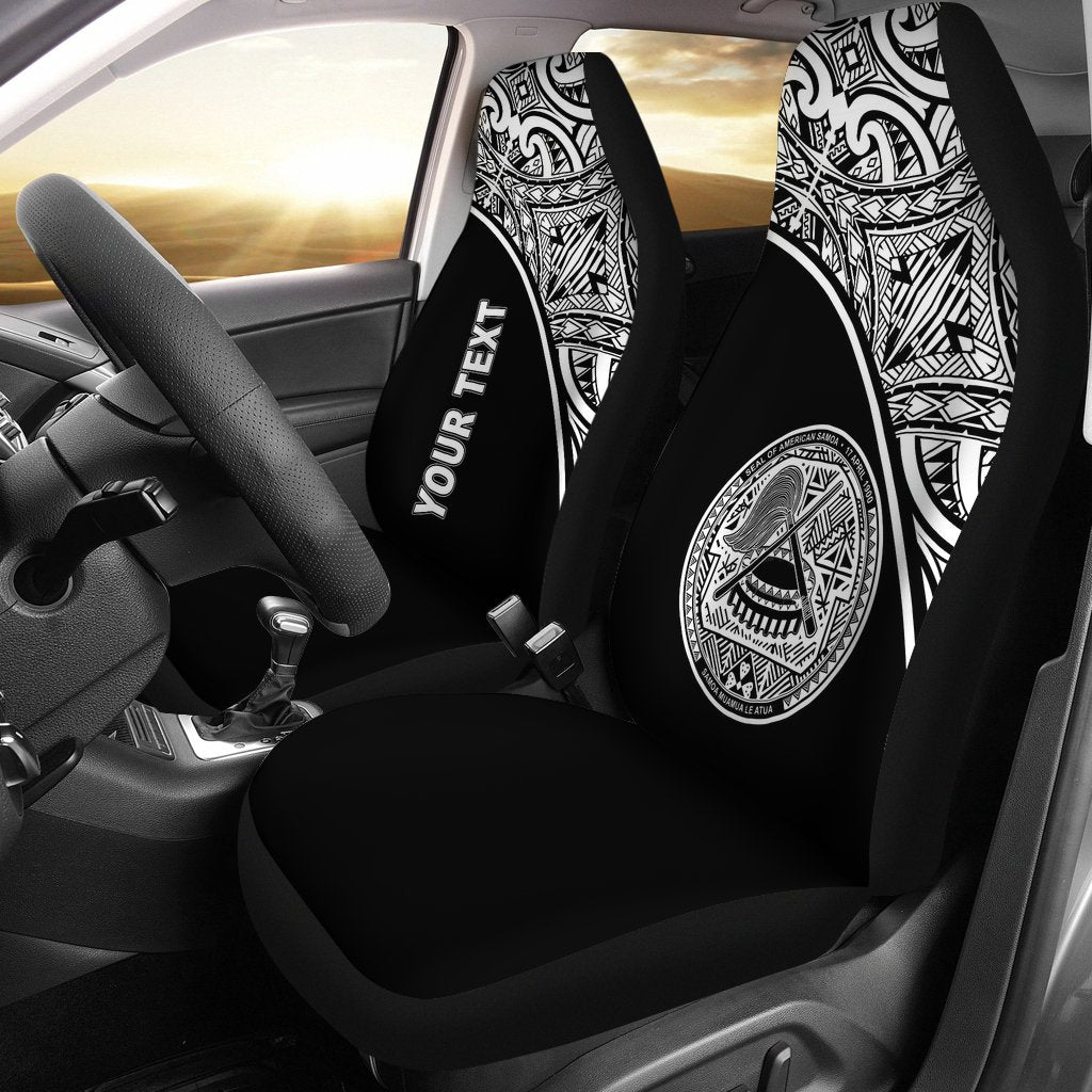 American Samoa Custom Personalised Car Seat Covers - American Samoa Seal Polynesian White Curve Universal Fit Black - Polynesian Pride