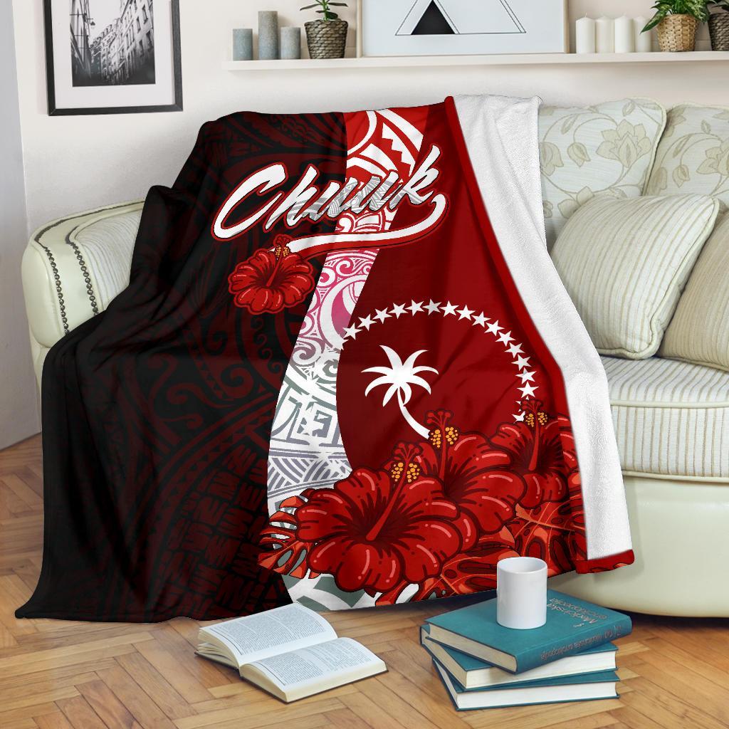 Chuuk Micronesia Premium Blanket - Coat Of Arm With Hibiscus White - Polynesian Pride