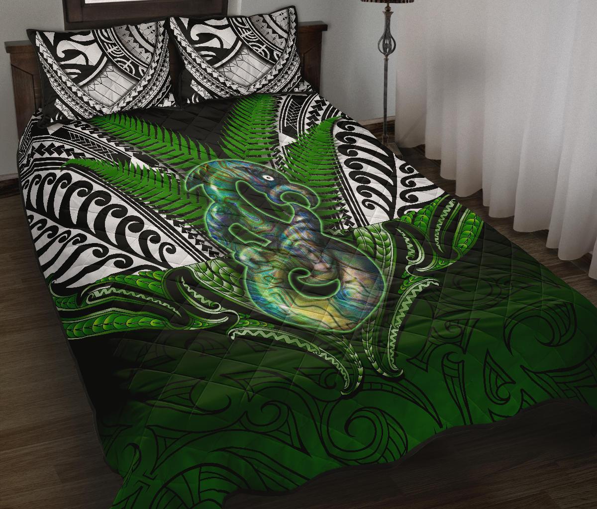 Manaia Mythology Quilt Bed Set Silver Fern Maori Tattoo Green - Polynesian Pride