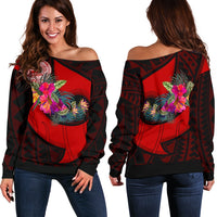 American Samoa Women's Off Shoulder Sweater - Polynesian Hook And Hibiscus (Red) - Polynesian Pride