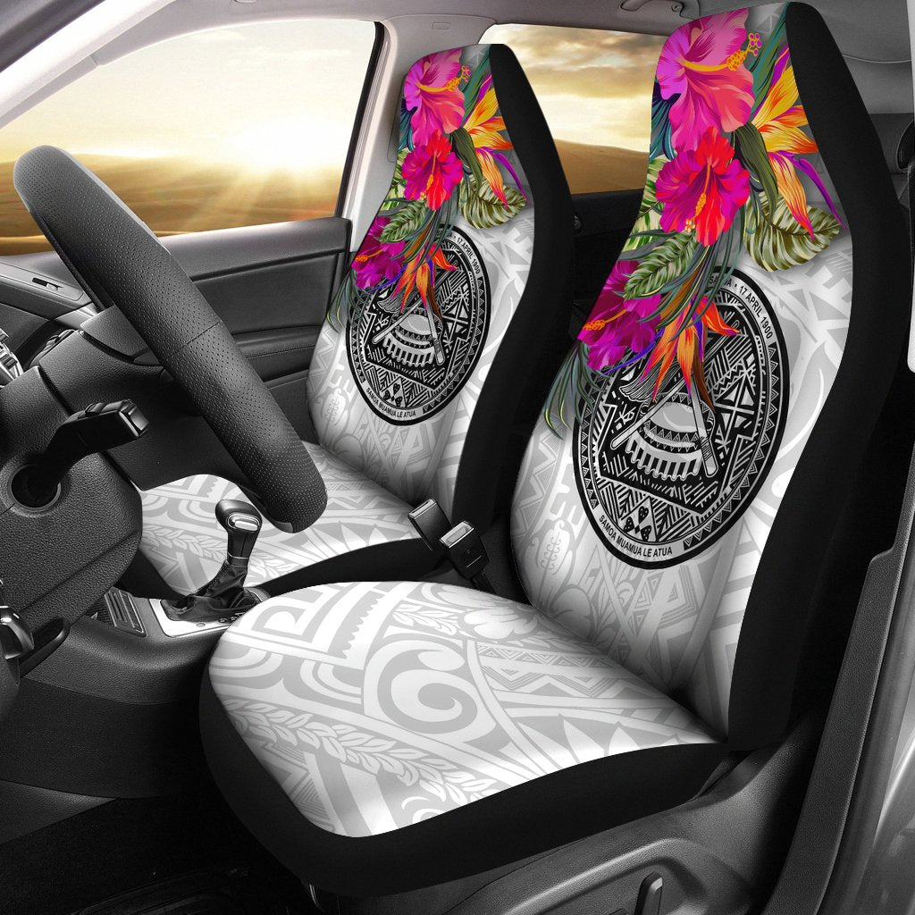 American Samoa Car Seat Covers Hibiscus Polynesian pattern White Universal Fit Black - Polynesian Pride