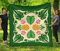 Hawaiian Pineapple Hibiscus Pattern Premium Quilt - Burgundy - Argu Style - AH Burgundy - Polynesian Pride