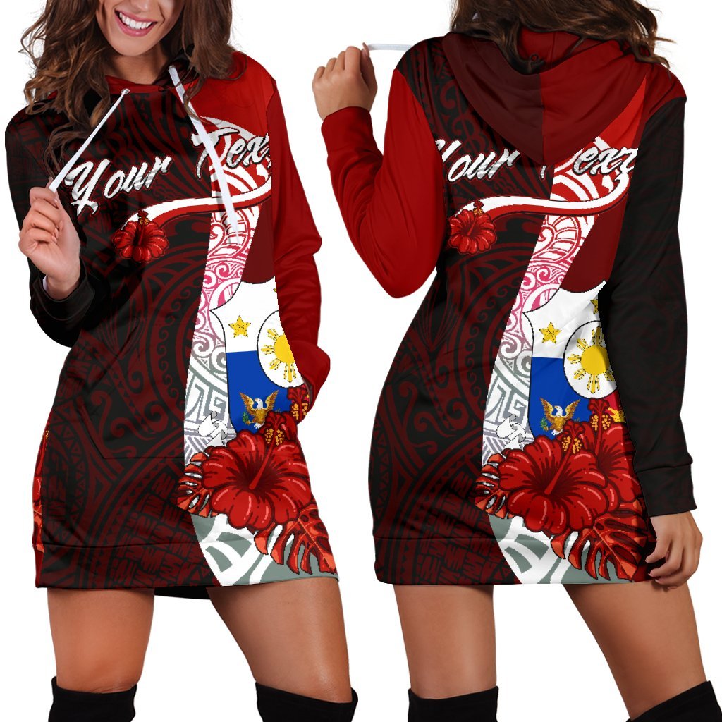 Philippines Polynesian Custom Personalised Hoodie Dress - Coat Of Arm With Hibiscus Red - Polynesian Pride
