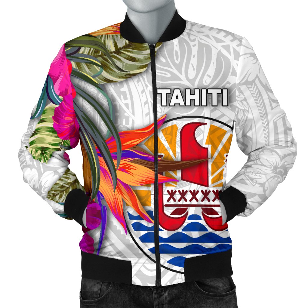 Tahiti Men's Bomber Jacket Polynesian Hibiscus White Pattern White - Polynesian Pride