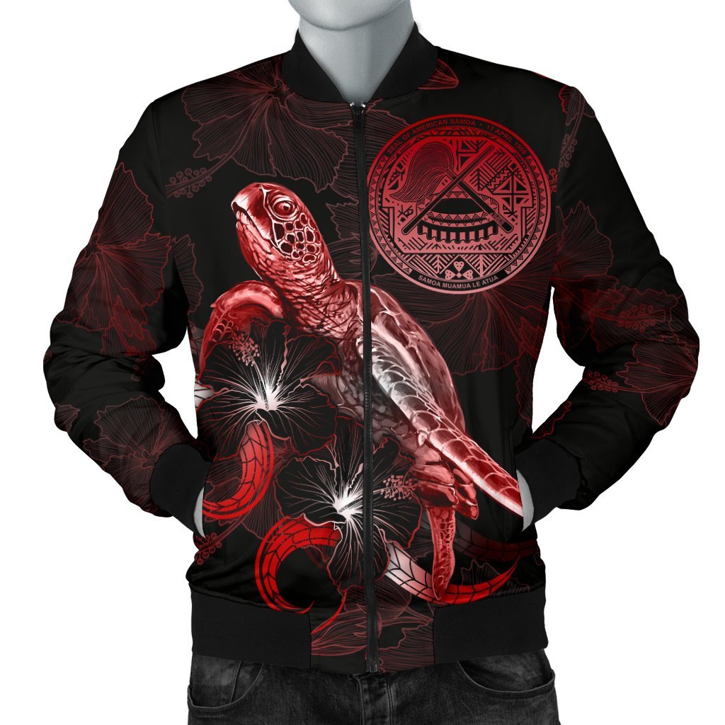 American Samoa Polynesian Men's Bomber Jacket - Turtle With Blooming Hibiscus Red Red - Polynesian Pride