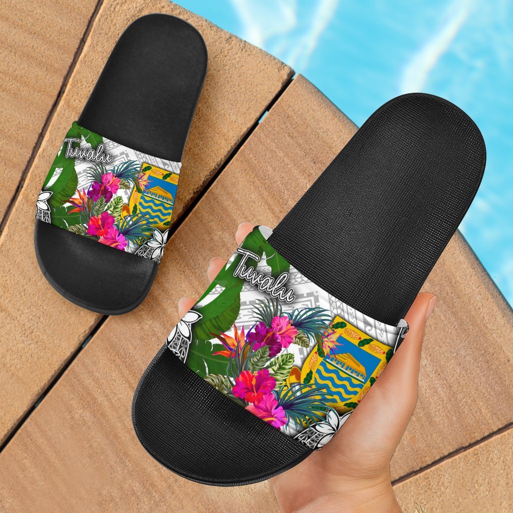 Tuvalu Slide Sandals - Turtle Plumeria Banana Leaf Black - Polynesian Pride