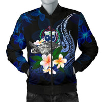 Samoa Polynesian Men's Bomber Jacket - Turtle With Plumeria Flowers Blue - Polynesian Pride