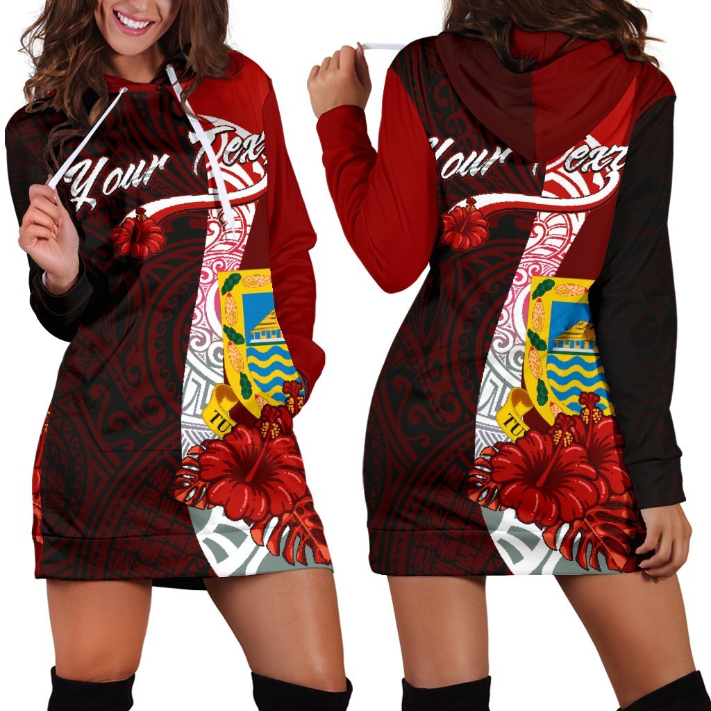 Tuvalu Polynesian Custom Personalised Hoodie Dress - Coat Of Arm With Hibiscus Red - Polynesian Pride