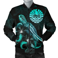 Tahiti Polynesian Men's Bomber Jacket - Turtle With Blooming Hibiscus Turquoise Turquoise - Polynesian Pride