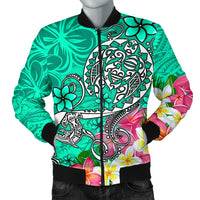 Polynesian Men's Bomber Jacket - Turtle Plumeria Turquoise Color Turquoise - Polynesian Pride