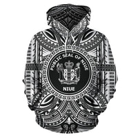 Niue ll Over Hoodie Niue Coat of rms Polynesian White Black Unisex Black - Polynesian Pride