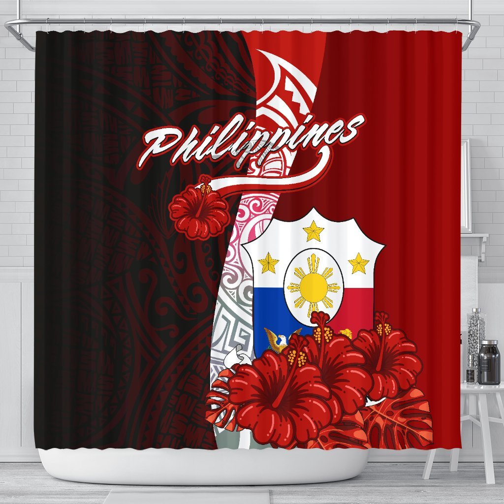 Philippines Polynesian Shower Curtain - Coat Of Arm With Hibiscus 177 x 172 (cm) Red - Polynesian Pride