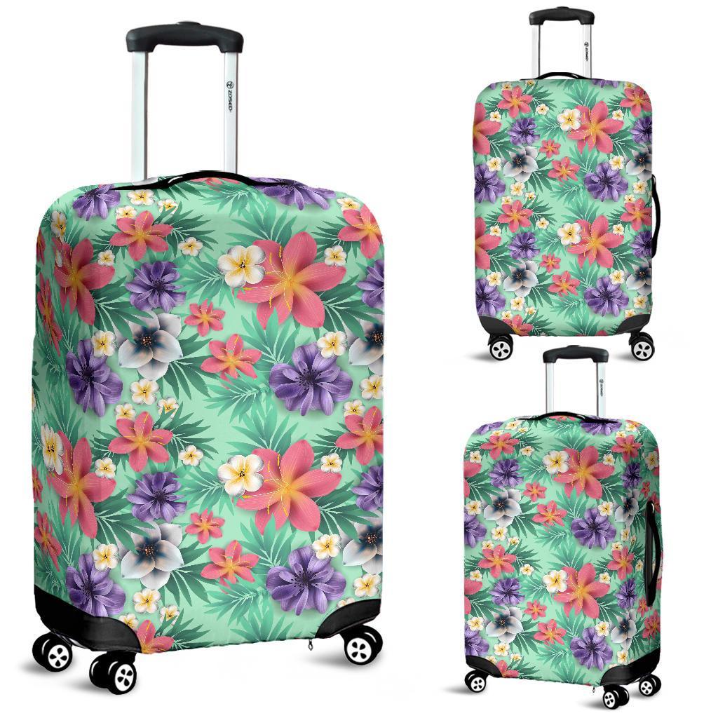 Hawaii Tropical Flowers Blossom Palm Leaves Luggage Cover White - Polynesian Pride
