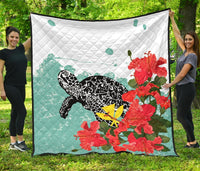 Hawaii Turle Sea Hibiscus Premium Quilt Blue - Polynesian Pride