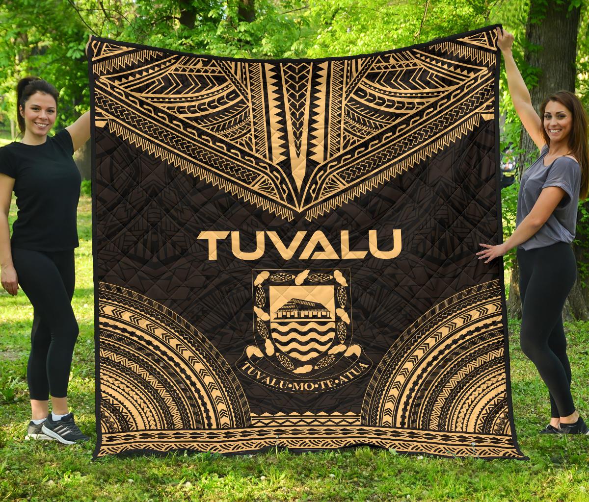 Tuvalu Premium Quilt - Tuvalu Coat Of Arms Polynesian Chief Gold Version Gold - Polynesian Pride