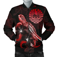 Tahiti Polynesian Men's Bomber Jacket - Turtle With Blooming Hibiscus Red Red - Polynesian Pride