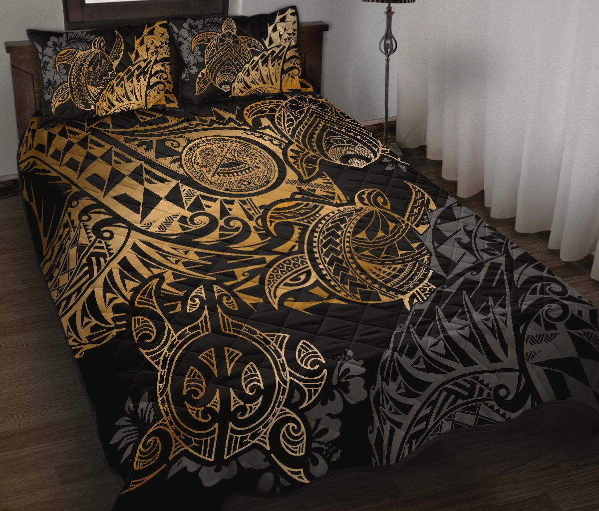 American Samoa Polynesian Quilt Bed Set - American Samoa Gold Seal Turtle GOLD - Polynesian Pride