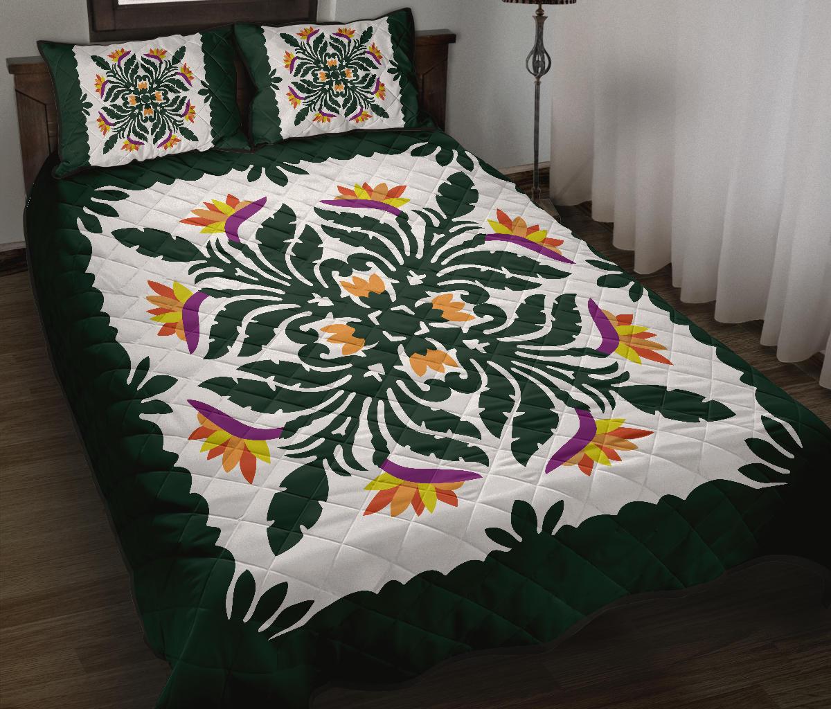 Hawaiian Quilt Paradise Flowers Quilt Bed Set - AH Green - Polynesian Pride