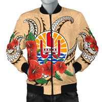 Tahiti Polynesian Men Bomber Jacket - Hibiscus Coat of Arm Beige - Polynesian Pride