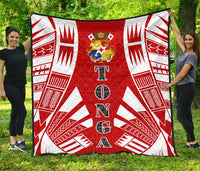 Tonga Premium Quilt - Tonga Coat Of Arms Polynesian White Tattoo (Red) - Polynesian Pride