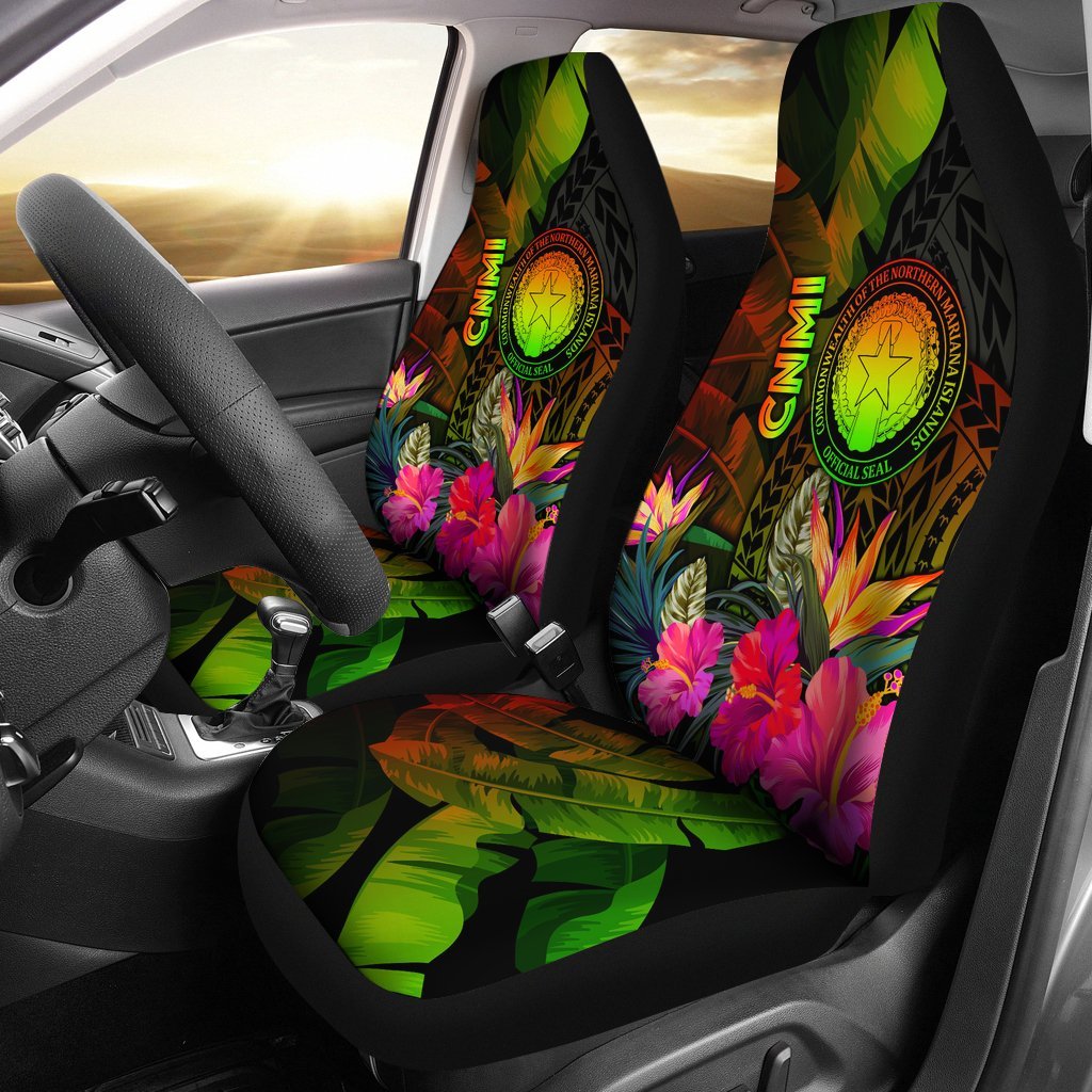 Northern Mariana Islands Polynesian Car Seat Covers - Hibiscus and Banana Leaves Universal Fit Reggae - Polynesian Pride