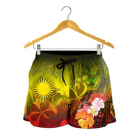 Marshall Islands Custom Personalised Women's Shorts - Humpback Whale with Tropical Flowers (Yellow) - Polynesian Pride