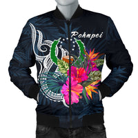 Pohnpei Micronesia Men's Bomber Jacket - Tropical Flower Blue - Polynesian Pride