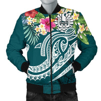 Tahiti Polynesian Men's Bomber Jacket - Summer Plumeria (Turquoise) Turquoise - Polynesian Pride
