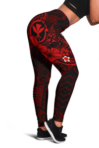 Polynesian Hawaii Kanaka Maoli Leggings - Humpback Whale with Hibiscus (Red) - Polynesian Pride