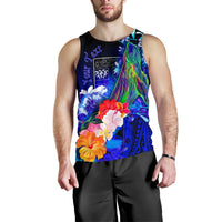 Fiji Custom Personalised Men's Tank Top - Humpback Whale with Tropical Flowers (Blue) - Polynesian Pride