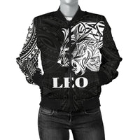 Sun In Leo Zodiac Women Bomber Jacket Polynesian Tattoo Simple - White Black - Polynesian Pride