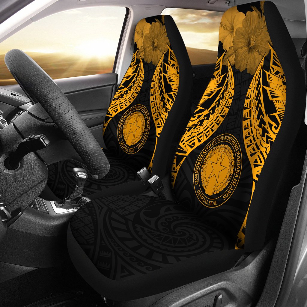 Northern Mariana Islands Polynesian Car Seat Covers Pride Seal And Hibiscus Gold Universal Fit Gold - Polynesian Pride
