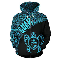 Guam Zip up Hoodie Guam Coat of Arm In Turtle Polynesian Tattoo Blue - Polynesian Pride