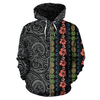 Hawaii Zip up Hoodie Hibiscus Flower Pineapple Polynesian Tattoo Half - Polynesian Pride