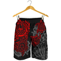 Tahiti Polynesian Men Shorts - Red Turtle Hibiscus Flowing - Polynesian Pride