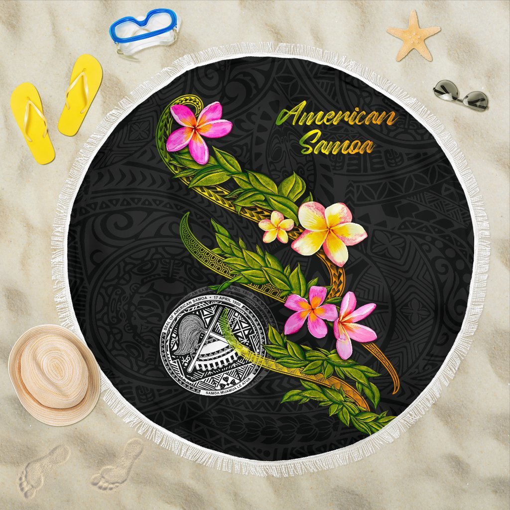 American Samoa Polynesian Beach Blanket - Plumeria Tribal One style One size BLACK - Polynesian Pride