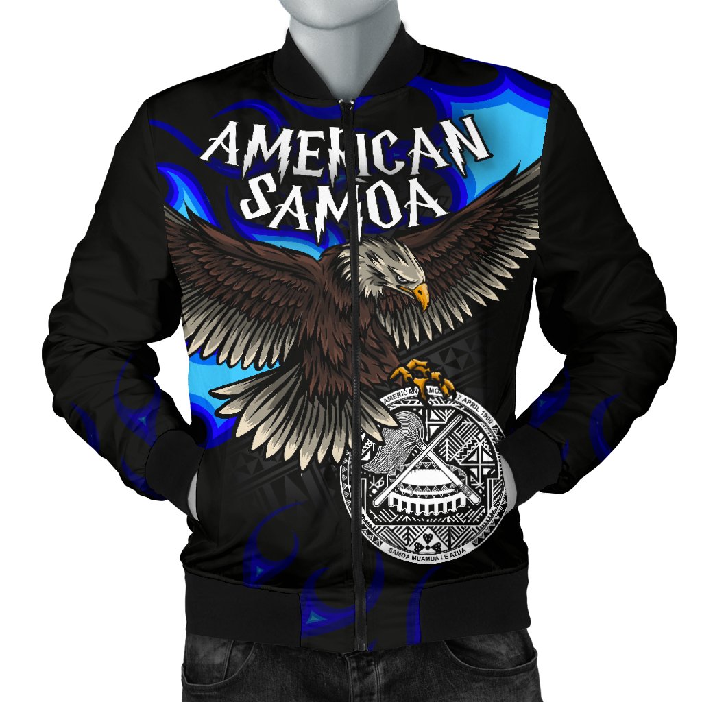 American Samoa Polynesian Men's Bomber Jacket - Eagle With Flame Blue Blue - Polynesian Pride